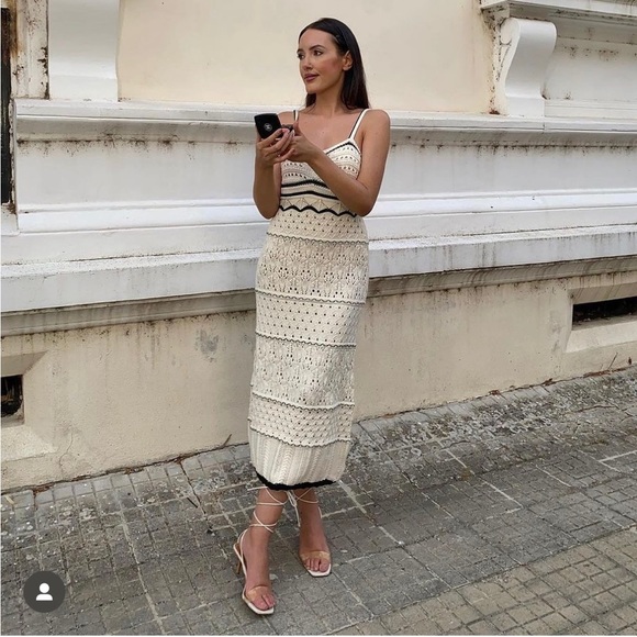 Ivory and black knit crochet spring summer midi dress - Picture 4 of 4